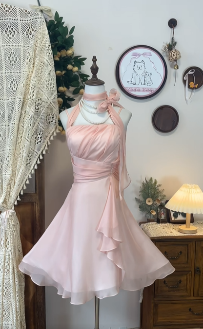 Elegant A line Halter Chiffon Blush Pink Dance Senior Short Formal Graduation Inspo Homecoming Dresses N4596