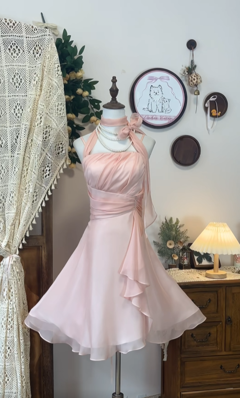 Elegant A line Halter Chiffon Blush Pink Dance Senior Short Formal Graduation Inspo Homecoming Dresses N4596
