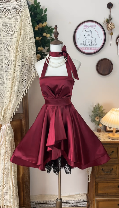 Élégante Robe Trapèze Courte Bordeaux en Satin avec Col Halter, Idéale pour Danse, Seniors, Bal de Promo ou Retour à la Maison (N4597)