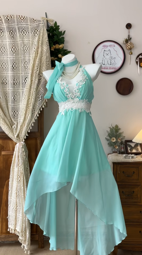 Süße hohe, tiefe Neckholder-Kleider in Tiffany-Blau aus Chiffon für den Abschlussball N4598
