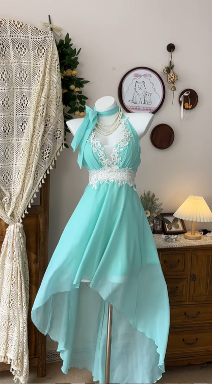 Süße hohe, tiefe Neckholder-Kleider in Tiffany-Blau aus Chiffon für den Abschlussball N4598