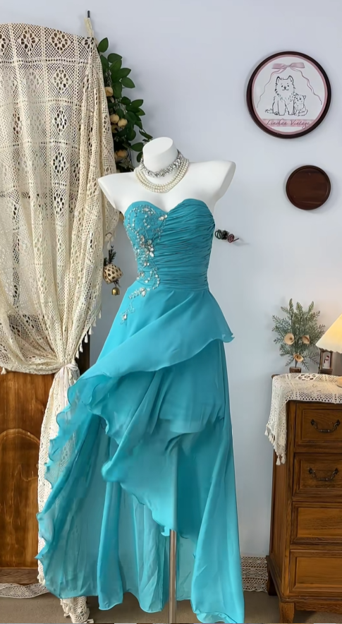 Robes de Bal de Fin d'Année et de Rentrée Scolaire en Chiffon Bleu Doux, Coupe Cœur, Courtes Devant et Longues Derrière, Inspiration Mignonne N4599