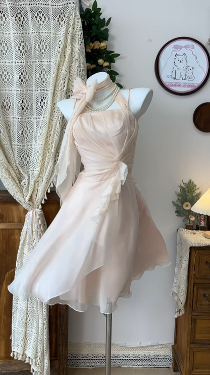 Robe courte de bal de fin d'année et de rentrée N4605 en mousseline de soie rose poudré, élégante, trapèze, dos nu