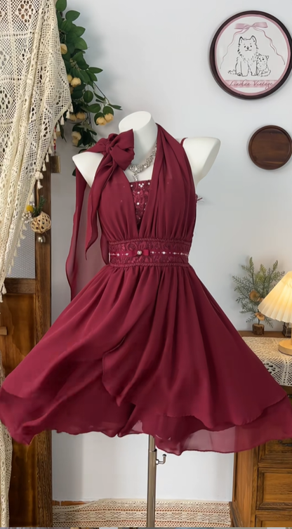 Elegantes A-Linien Neckholder-Kleid aus burgunderrotem Chiffon für Tanz, Abschlussball, kurze Inspo, formelle Anlässe, Abschlussfeier-Inspo, Homecoming-Kleider N4609