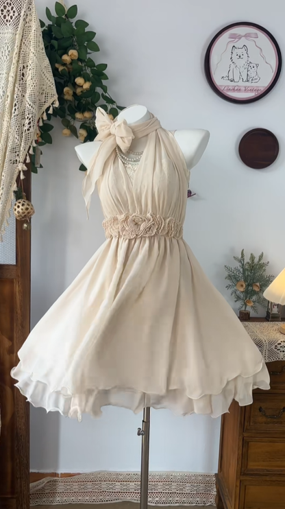 Robes de bal de fin d'année et de rentrée des classes N4612 en mousseline de soie champagne, coupe courte, élégantes, style licou, inspiration pour les aînés