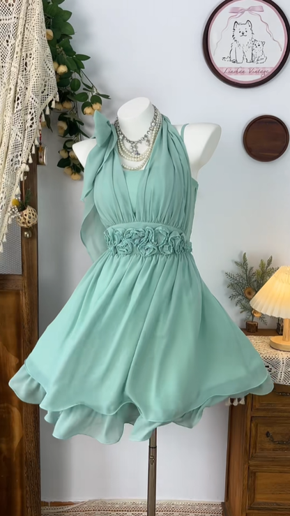 Elegantes A-Linien-Neckholder-ärmelloses Chiffon-Tanzkleid, kurzes Inspo für Abiball/Abschlussfeier, Inspo für Homecoming-Kleider N4613