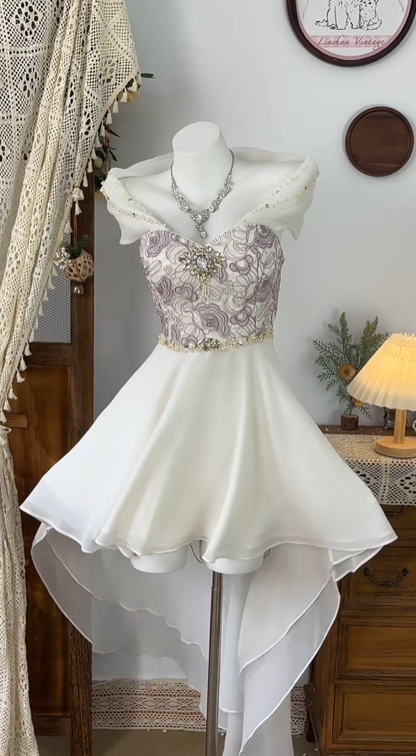 Modest High Low Off The Shoulder White Chiffon Senior Formal Graduation Inspo Homecoming Dresses N4617