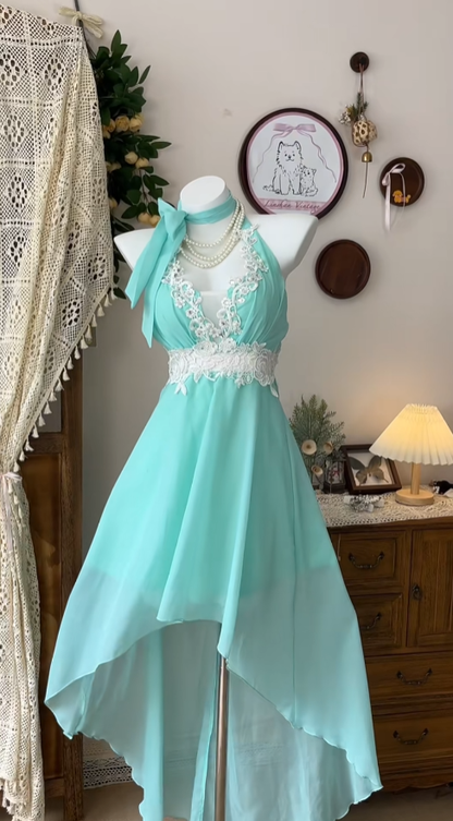Niedliche Ballkleider Tiffany-Blau Chiffon Neckholder Spitze Senior Formelle Abschlussball Inspo Homecoming Kleider N4617