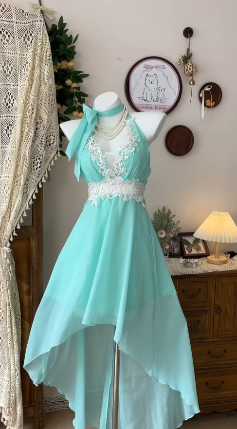 Cute Ball Gowns Tiffany Blue Chiffon Halter Lace Senior Formal Graduation Inspo Homecoming Dresses N4617