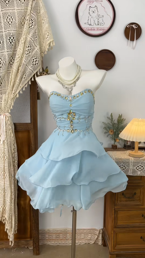 Wunderschönes Ballkleid Sweetheart Blau Chiffon Mit Perlen Senior Kurzes Formelles Abschlussball Inspo Homecoming Kleider N4621