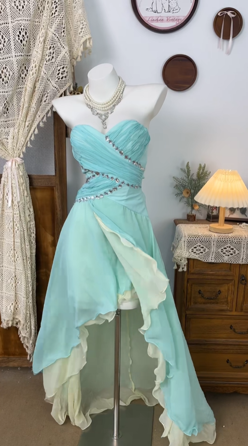 Robes de bal de fin d'année et de rentrée des classes modestes, asymétriques, col en cœur, en mousseline bleu Tiffany, inspiration N4622
