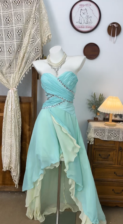 Robes de bal de fin d'année et de rentrée des classes modestes, asymétriques, col en cœur, en mousseline bleu Tiffany, inspiration N4622