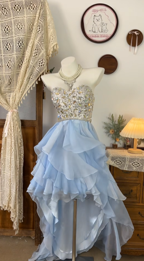 Glamouröses High-Low Sweetheart Blaues Chiffon Abschlussballkleid Inspiration Abschlussball Homecoming Kleider N4623