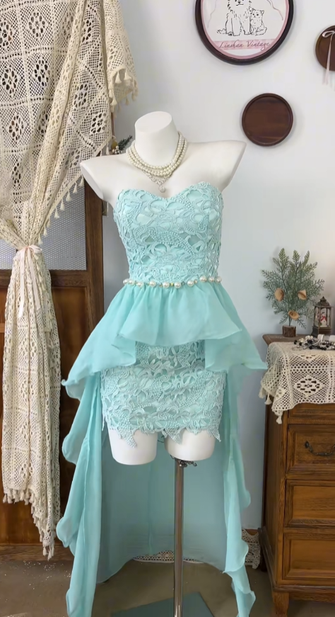 Glamoureuse Robe de Bal de Fin d'Année Courte Devant Longue Derrière en Chiffon Bleu Fourreau Col Cœur pour Soirée N4628