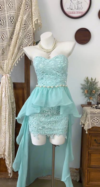 Glamoureuse Robe de Bal de Fin d'Année Courte Devant Longue Derrière en Chiffon Bleu Fourreau Col Cœur pour Soirée N4628