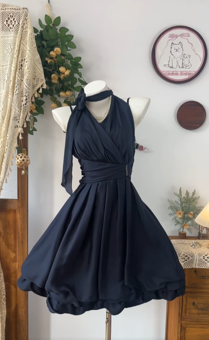 Wunderschöne Ballkleider Neckholder Schwarz Chiffon Mini Kurze Abschlussball Abiball Kleider N4629