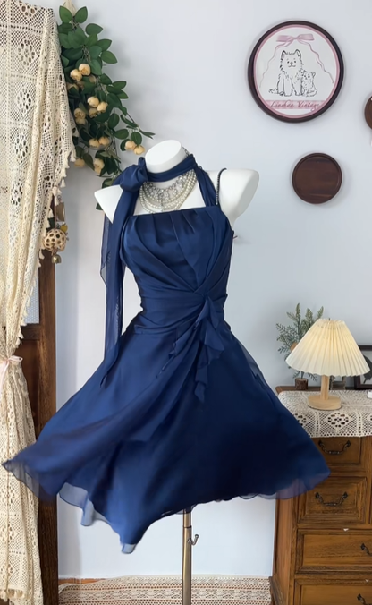 Traumhafte Ballkleider Neckholder Marineblau Chiffon Kurz Mini Abschlussball Abiball Partykleider N4631