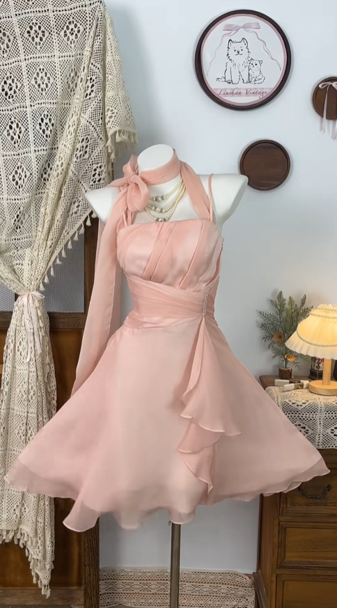 Belles Robes de Bal Courtes Halter en Mousseline Rose Fard à Joues Mini pour Senior Robes de Soirée de Rentrée de Lycée N4632