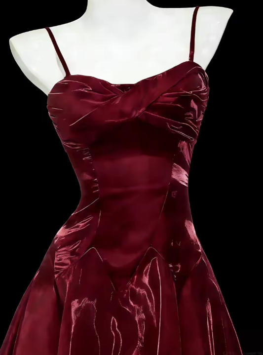 Simple A Line Spaghetti Strap Burgundy Ankle Length Summer Birthday Elegant Outfit Wedding Guest Dresses N4635