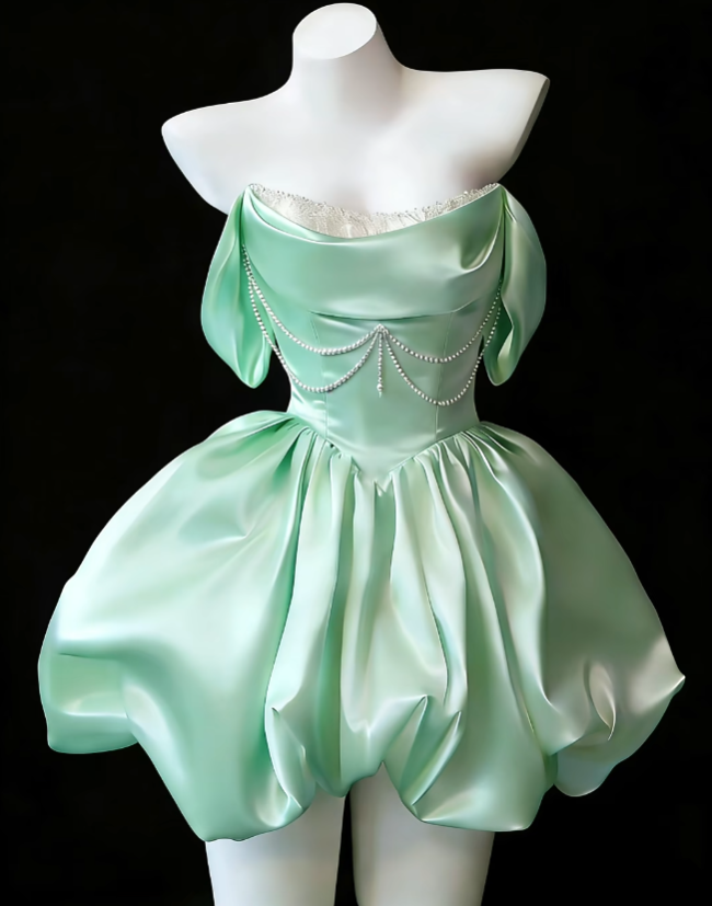 Niedliche Ballkleider Off Shoulder Mintgrün Satin Tanz Abschlussball Kurz Inspo Formelle Abschlussball Homecoming Kleider N4639