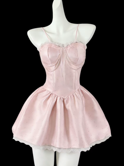 Hübsches Ballkleid Spaghettiträger Pink Satin Spitze Mini Senior Kurzes Abschlussball High School Homecoming Kleider N4643