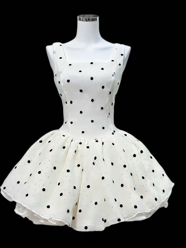 Wunderschöne Ballkleider mit eckigem Ausschnitt, Polka Dots, weißes Mini-Kleid für Seniorinnen, kurzes Hoco-Kleid, Abiballkleider für die High School N4644
