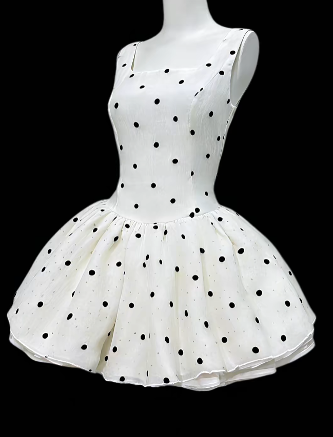 Wunderschöne Ballkleider mit eckigem Ausschnitt, Polka Dots, weißes Mini-Kleid für Seniorinnen, kurzes Hoco-Kleid, Abiballkleider für die High School N4644