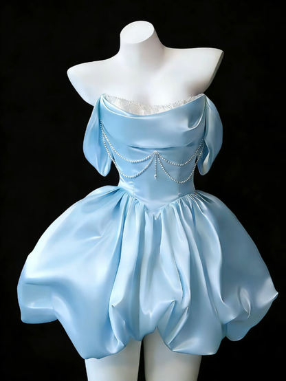 Jolies robes de bal bustier, satin bleu, pour la danse, les seniors, courtes, inspiration fête, remise des diplômes, et bal de promo N4646
