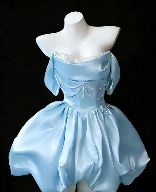 Cute Ball Gowns Off The Shoulder Blue Satin Dance Senior Short Inspo Party Graduation Homecoming Dresses N4646