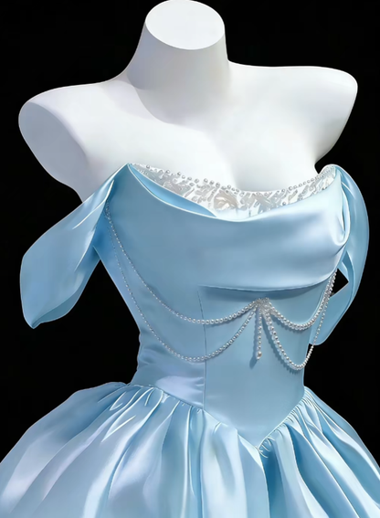 Jolies robes de bal bustier, satin bleu, pour la danse, les seniors, courtes, inspiration fête, remise des diplômes, et bal de promo N4646
