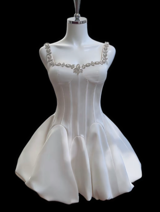 Gorgeous Ball Gowns Square Neck Satin White Mini Senior Short Hoco Gown High School Homecoming Dresses N4648