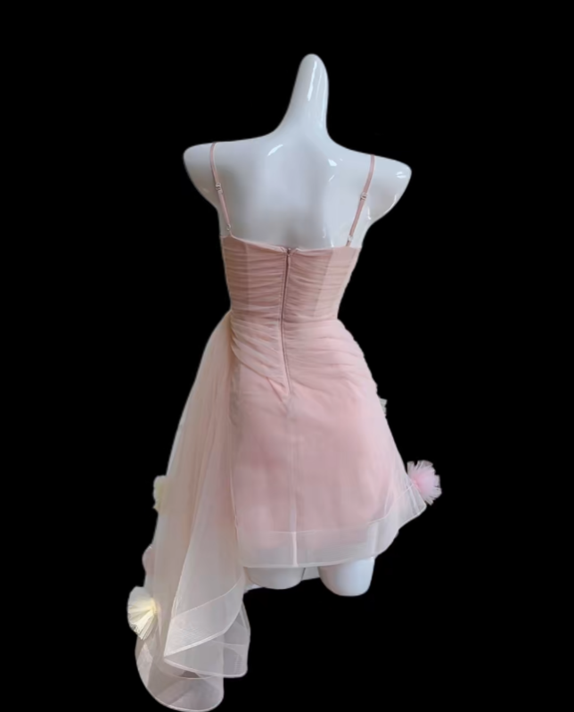 Jolie Robe Courte de Bal de Promo en Tulle Rose à Bretelles Fines avec Fleurs, Inspiration Lycéenne Senior, Robe de Soirée N4653