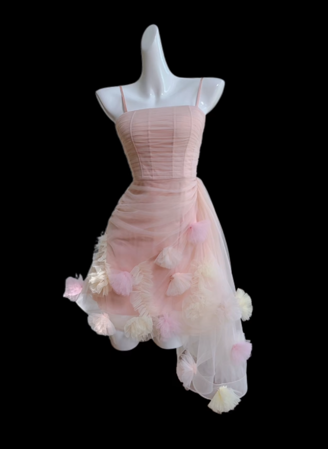 Jolie Robe Courte de Bal de Promo en Tulle Rose à Bretelles Fines avec Fleurs, Inspiration Lycéenne Senior, Robe de Soirée N4653