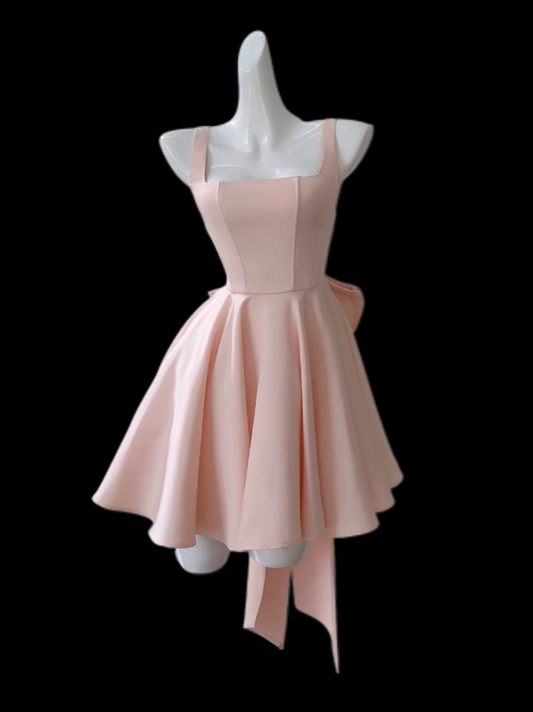 Gorgeous Ball Gown Square Neck Pink Satin Mini Senior Short Hoco Gown High School Homecoming Dresses N4659