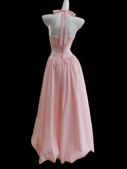 Sexy Ballkleid Abendkleid Neckholder Pink mit Rüschen Lang Formelles Kleid N4666