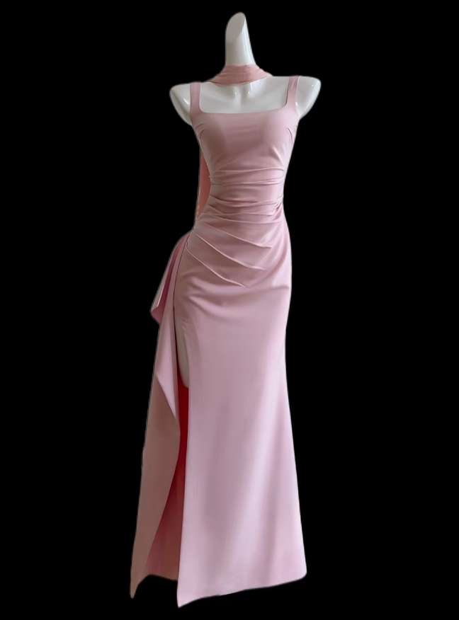 Robes de bal sexy Sirène Col carré Rose avec fente Longue robe de soirée formelle N4669