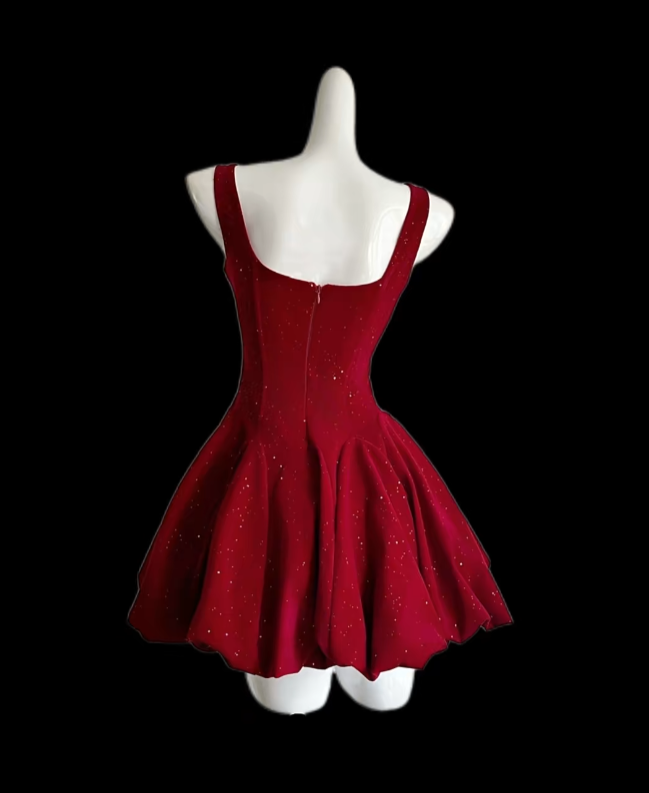 Superbe robe de bal Col carré Velours rouge Mini courte Robe de rentrée scolaire pour le lycée N4671