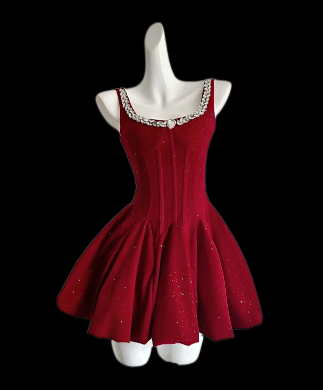 Superbe robe de bal Col carré Velours rouge Mini courte Robe de rentrée scolaire pour le lycée N4671