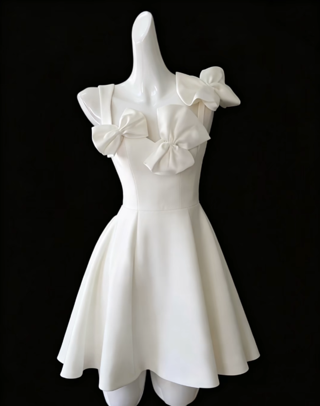 Superbe robe de bal courte blanche à col carré avec nœud pour le bal de promo du lycée N4675