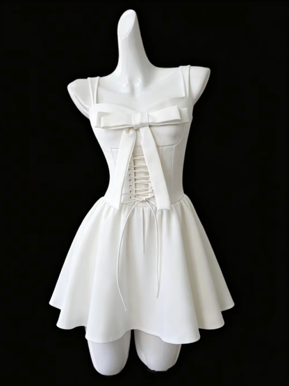 Bescheidenes A-Linien-Kleid mit quadratischem Ausschnitt, weiß, mit Schleife, Mini, für ältere Jahrgänge, Hoco-Kleid, High School Homecoming Kleider N4676