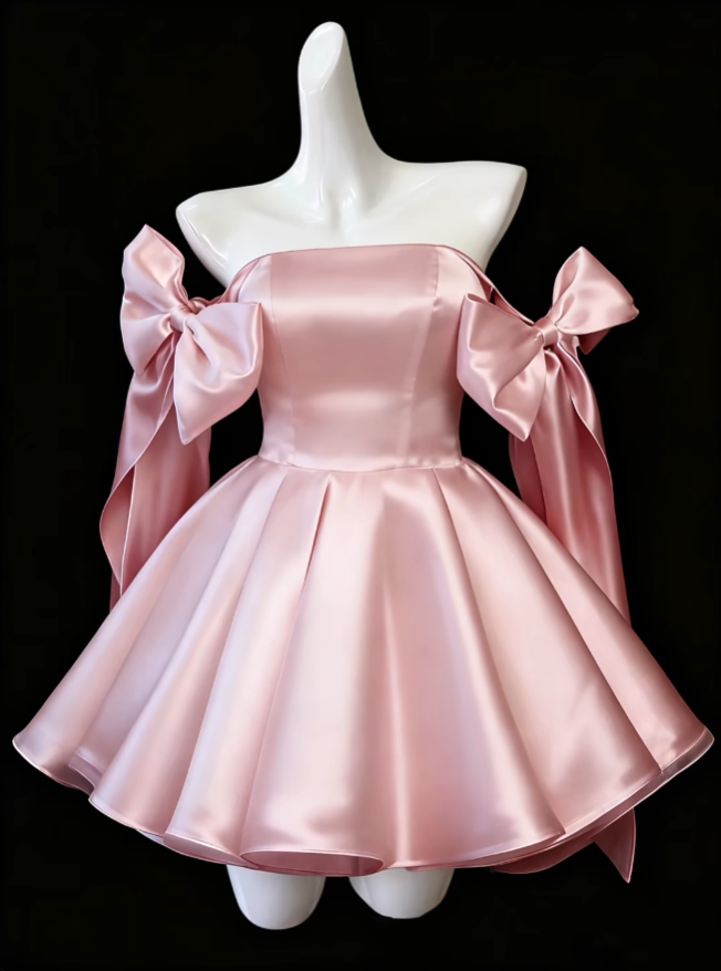 Hübsches Ballkleid Trägerlos Pink Satin Mit Schleife Senior Inspo Abschlussball High School Kurze Homecoming-Kleider N4678