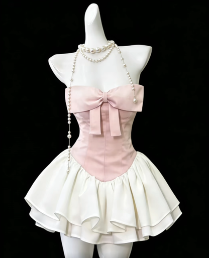 Edles Ballkleid, Neckholder, Pink Weiß Satin, Mini, Senior Inspo, Abschlussball, High School, kurze Homecoming Kleider N4679