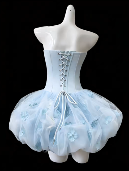 Robe de Bal Glamour Bustier Sans Manches Bleu Mini Senior Inspo Diplôme Avec Fleurs Robes Courtes de Rentrée N4681