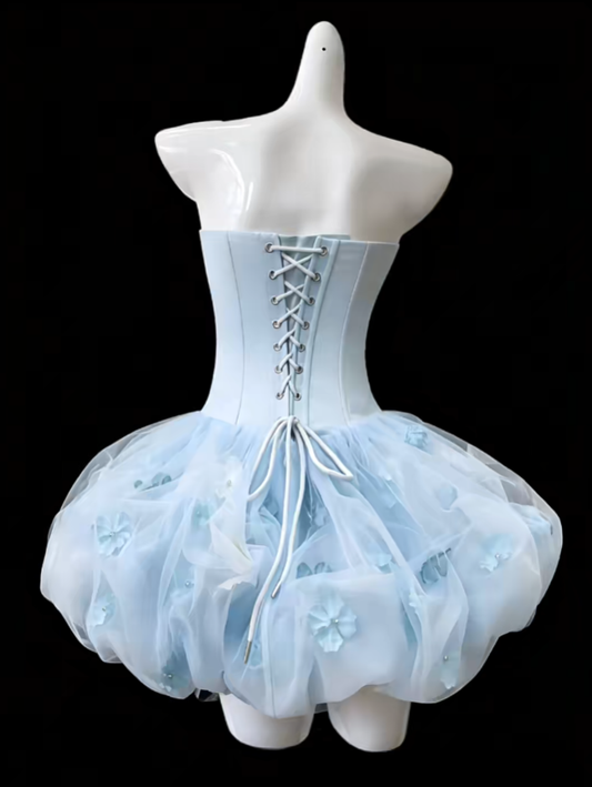 Glamorous Ball Gown Strapless Sleeveless Blue Mini Senior Inspo Graduation With Flowers Short Homecoming Dresses N4681