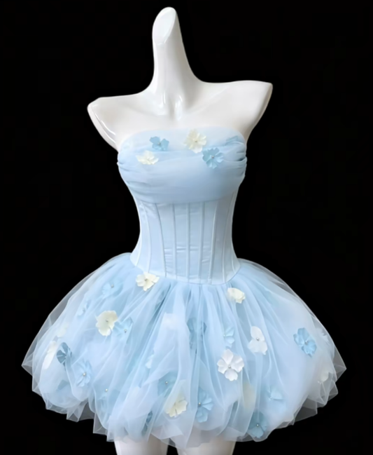 Glamorous Ball Gown Strapless Sleeveless Blue Mini Senior Inspo Graduation With Flowers Short Homecoming Dresses N4681