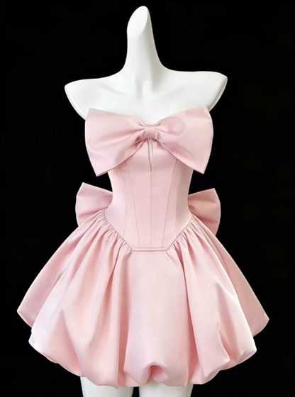 Hübsches Ballkleid, Trägerlos, Rosa Satin mit Schleife, Senior-Inspiration, Abschlussballkleider, Hoco-Kleider, Kurze Homecoming-Kleider N4683