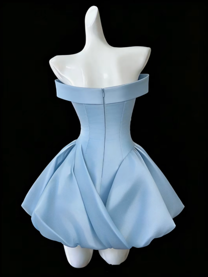 Bescheidenes Ballkleid Schulterfrei Blau Satin Mini Senior Kurzes Hoco Kleid High School Homecoming Kleider N4684