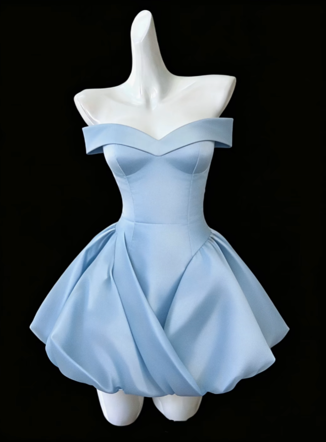 Bescheidenes Ballkleid Schulterfrei Blau Satin Mini Senior Kurzes Hoco Kleid High School Homecoming Kleider N4684