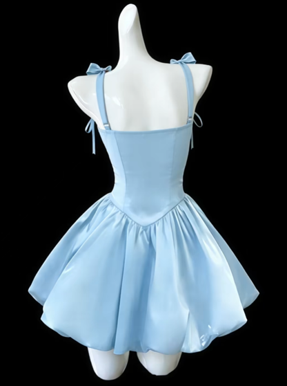 Modische Ballkleider Spaghettiträger Blau Satin Mini Senior Kurze Hoco Kleider High School Homecoming Kleider N4685