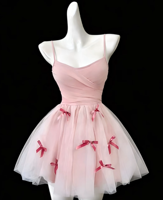 Unique Ball Gowns Spaghetti Strap Pink Tulle Mini Senior Short Hoco Gowns High School Homecoming Dresses N4686